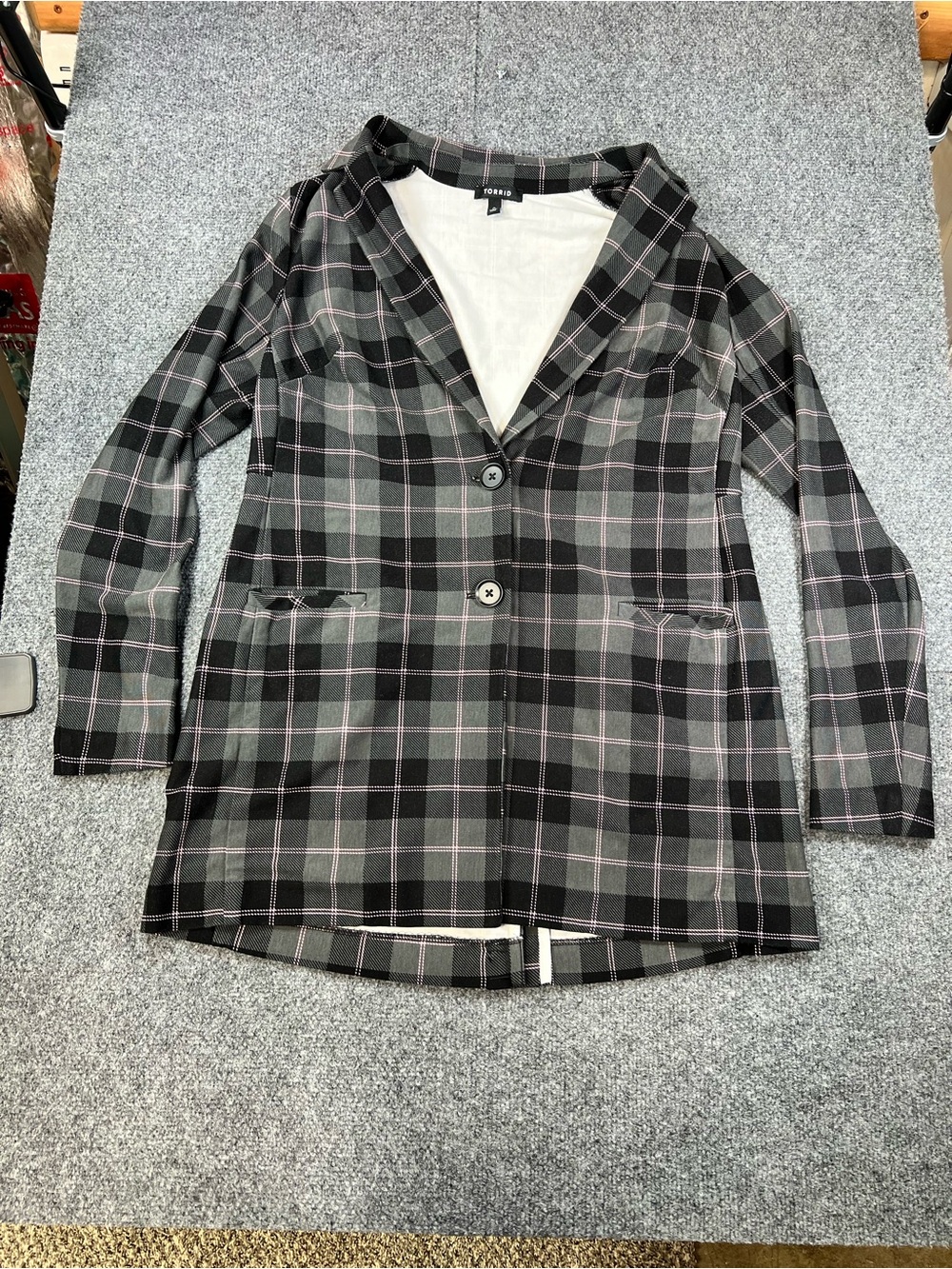 torrid Black and Gray Plaid Blazer with Pink Windowpane